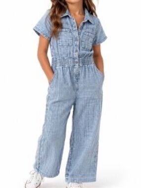 Cat & Jack Girls’ Light Blue Denim Short Sleeve Jumpsuit Size Large 10/12